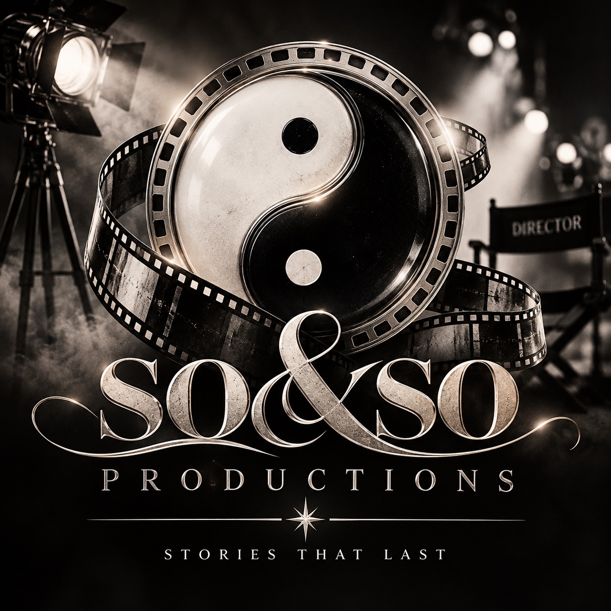 Original so&so PRODUCTIONS logo: yin-yang film reel and Stories That Last tagline